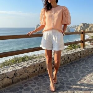 #A091   WHY DRESS Cottagecore  Peach Ruffle Puff Sleeve Top Organza NWT  L